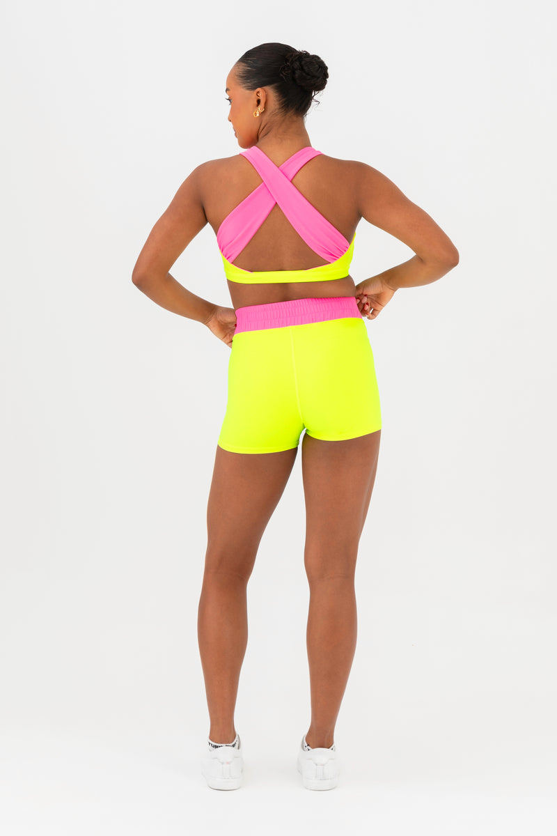 Every Turn Hawaii Short  In Yellow Zing, Crossover V-Waistband, Back View.