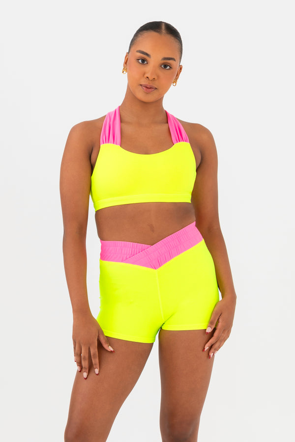 Every Turn Ibiza Reversible Crop Top  In Yellow Zing, Crossover V-Waistband, Front View.