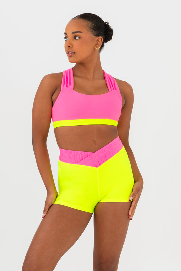 Every Turn Ibiza Reversible Crop Top  In Yellow Zing, Crossover V-Waistband, Front Up Close View.
