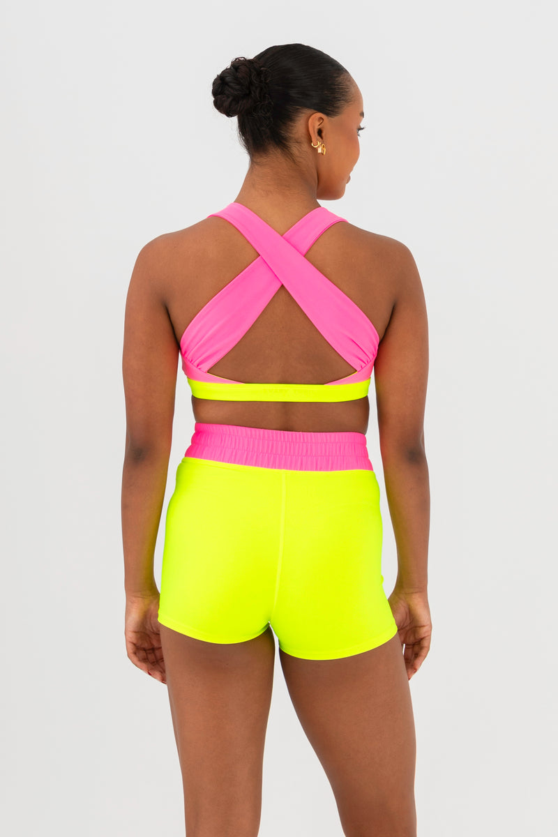 Every Turn Ibiza Reversible Crop Top  In Yellow Zing, Crossover V-Waistband, Back View.