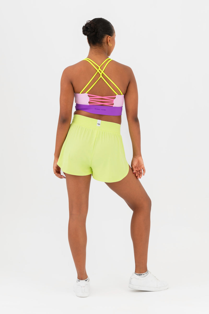 Every Turn Wrap It Up Short  In Yellow Zing, Stretch Waistband, Back View.