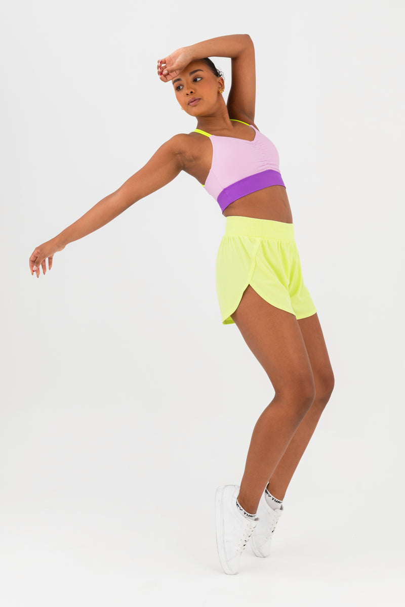 Every Turn Wrap It Up Short  In Yellow Zing, Stretch Waistband, Front Up Close View.
